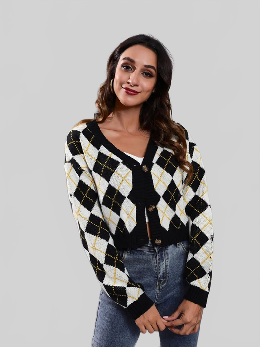 Women Geometric Button Up Long Sleeve Cardigan nicholesgifts