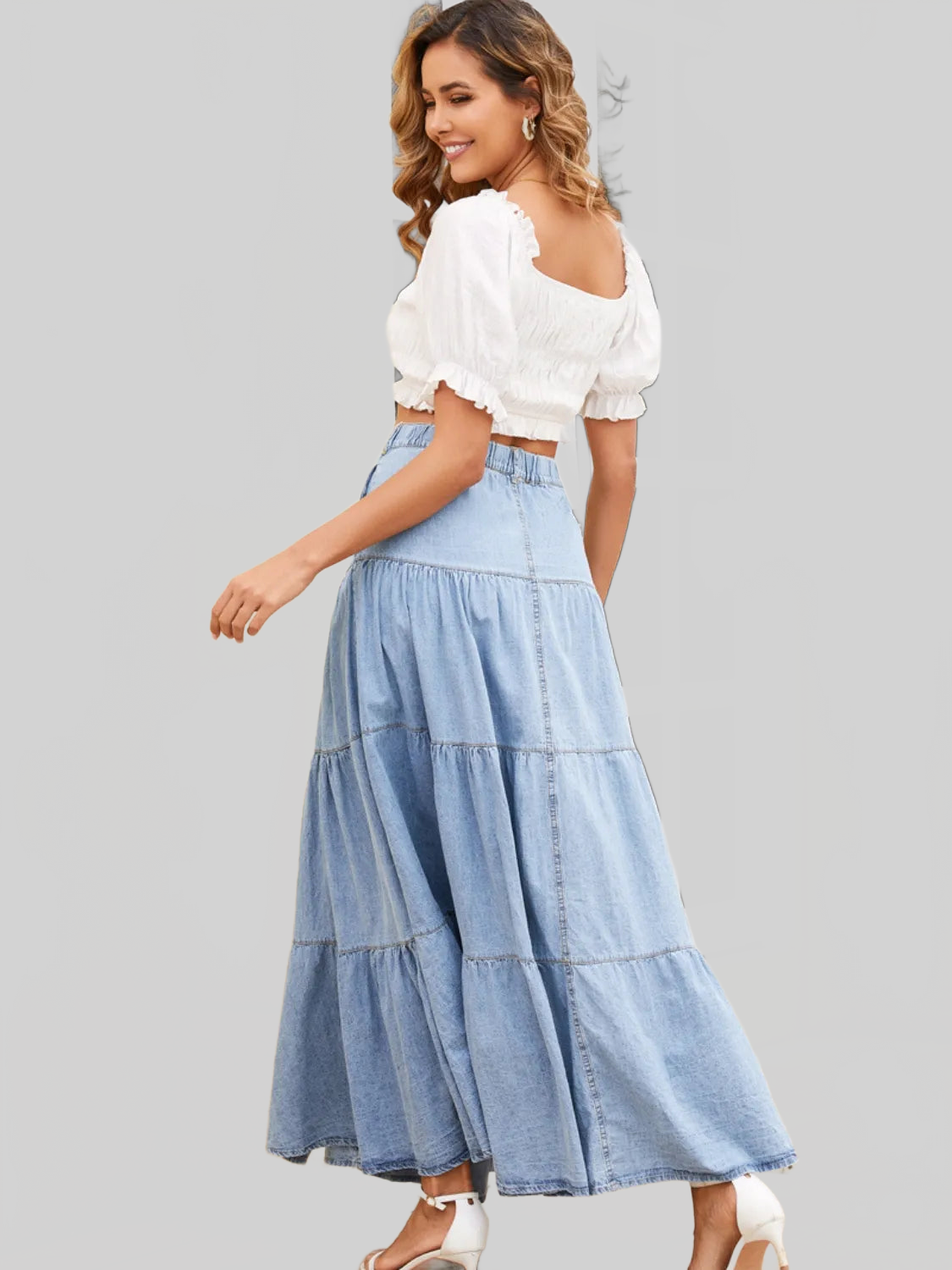 Button Front Tiered Denim Dress nicholesgifts