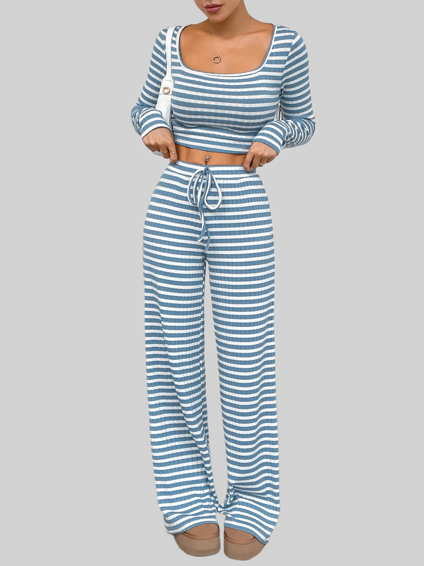 Striped Square Neck Long Sleeve Top and Pants Lounge Set nicholesgifts