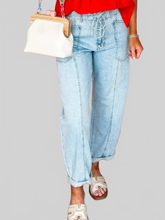 Drawstring Washed Relaxed Fit Boyfriend Jeans NicholesGifts