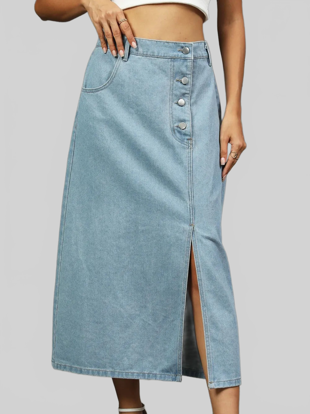 Slit Button Detail Denim Midi Skirt nicholesgifts