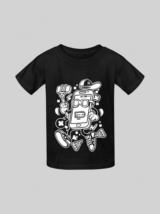 Kids black short sleeve crewneck t-shirt featuring a cartoon cell phone character holding a selfie stick in white print, Boys Selfie Cell Phone design.