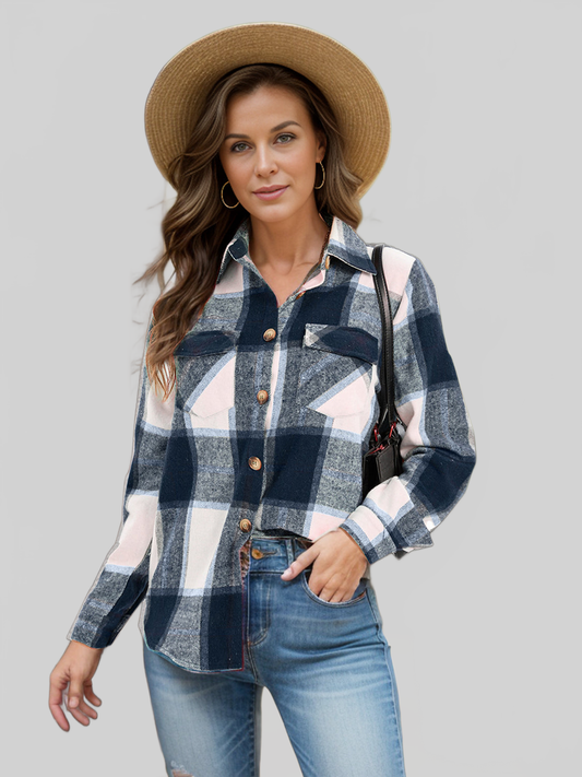 Women Full Size Pocketed Plaid Collared Neck Shacket NicholesGifts