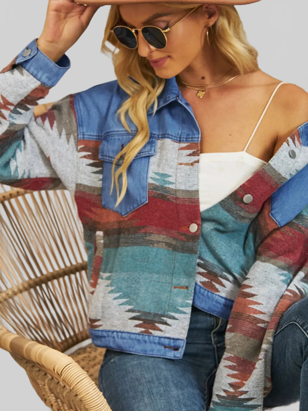 Geometric Button Up Dropped Shoulder Denim Jacket nicholesgifts