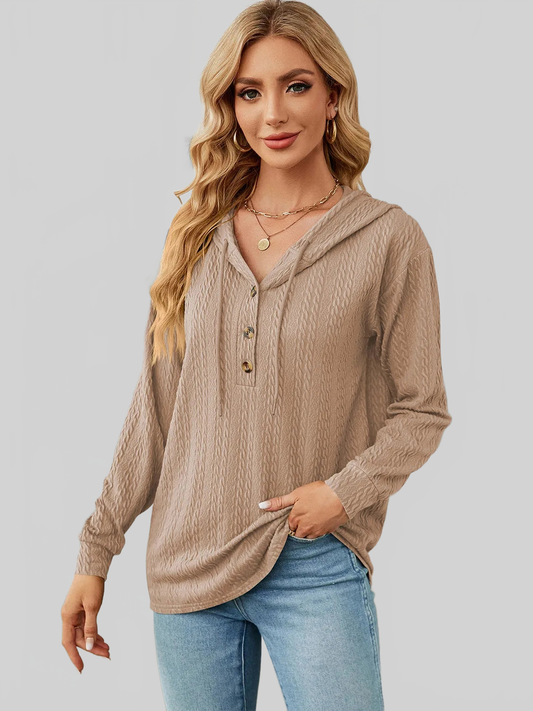 Drawstring Half Button Long Sleeve Hoodie nicholesgifts