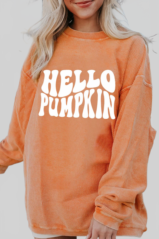 Round Neck Dropped Shoulder HELLO PUMPKIN Graphic Sweatshirt nicholesgifts