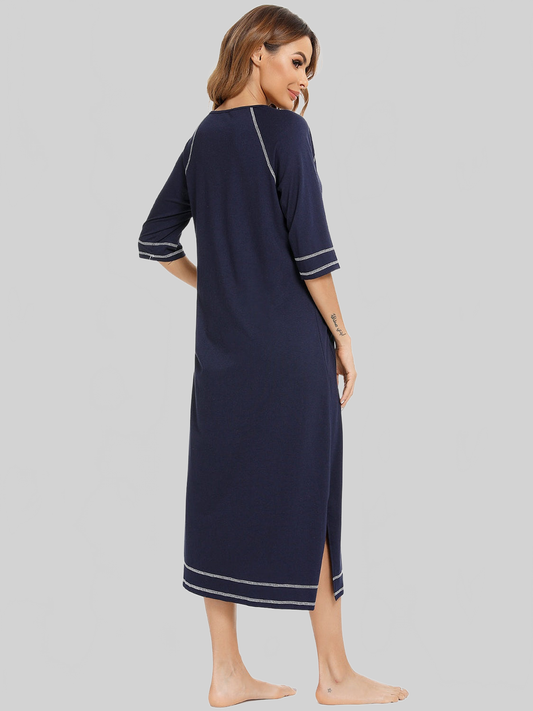 Zip Up Slit Round Neck Night Dress with Pockets nicholesgifts