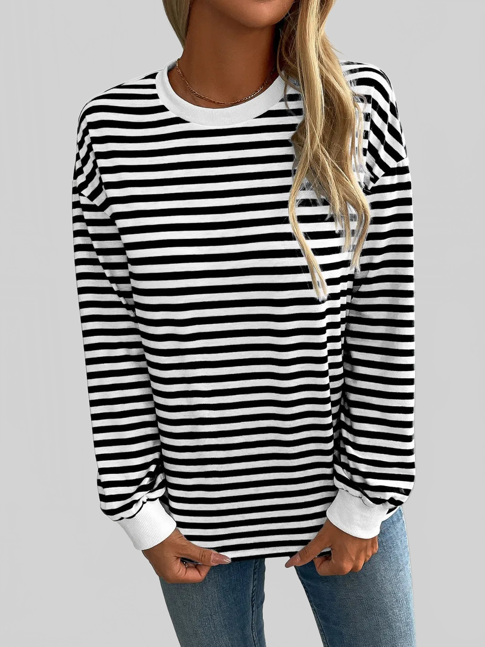 Women Ivy Lane Striped Round Neck Long Sleeve Sweatshirt nicholesgifts