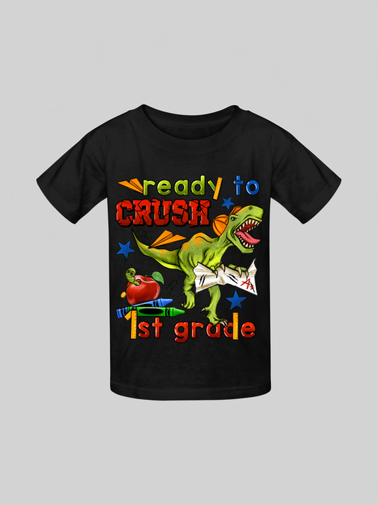Boys Ready To Crush First Grade black short sleeve cotton t-shirt with colorful dinosaur and school-themed graphic design.