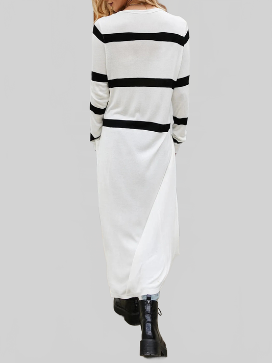 Women Pocketed Striped Button Up Cardigan nicholesgifts