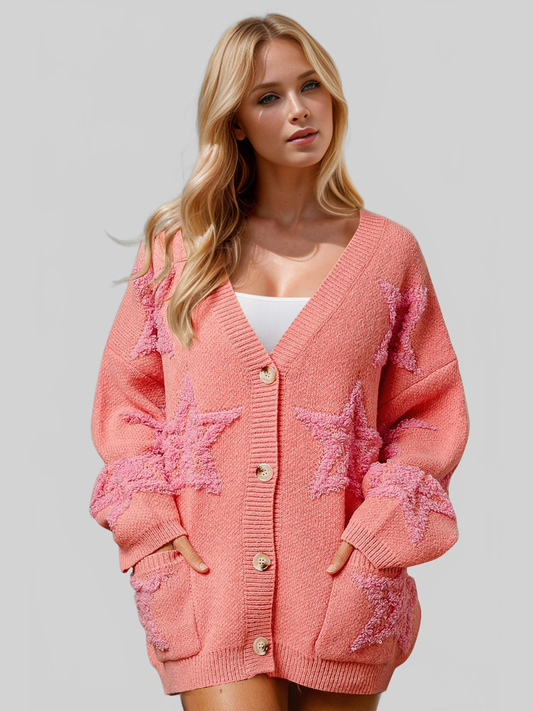 Women Double Take Full Size Button Up Star Pattern Cardigan Sweate nicholesgifts