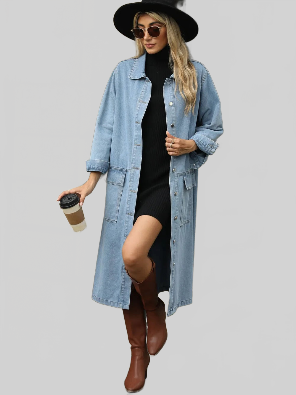 Pocketed Button Down Collared Neck Denim Jacket nicholesgifts