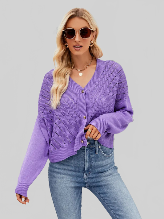 Women Eyelet Button Front Long Sleeve Cardigan nicholesgifts