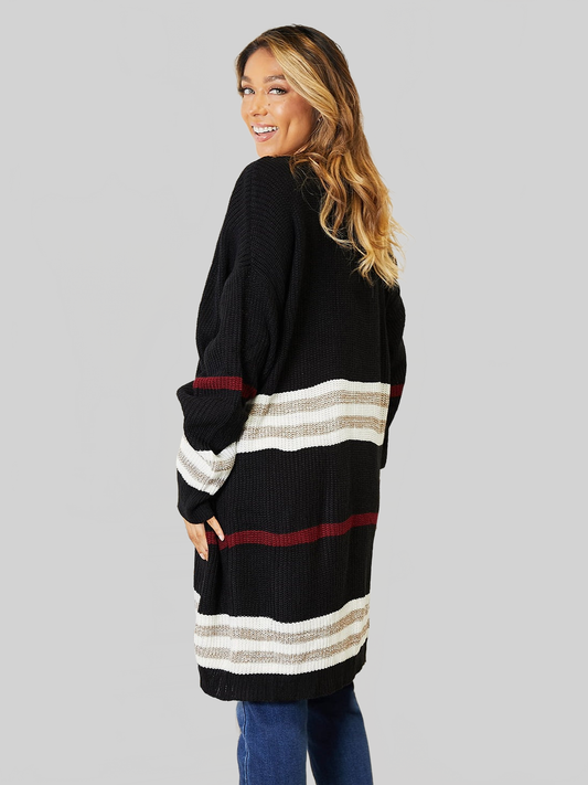 Women Perfee Striped Rib-Knit Drop Shoulder Open Front Cardigan nicholesgifts
