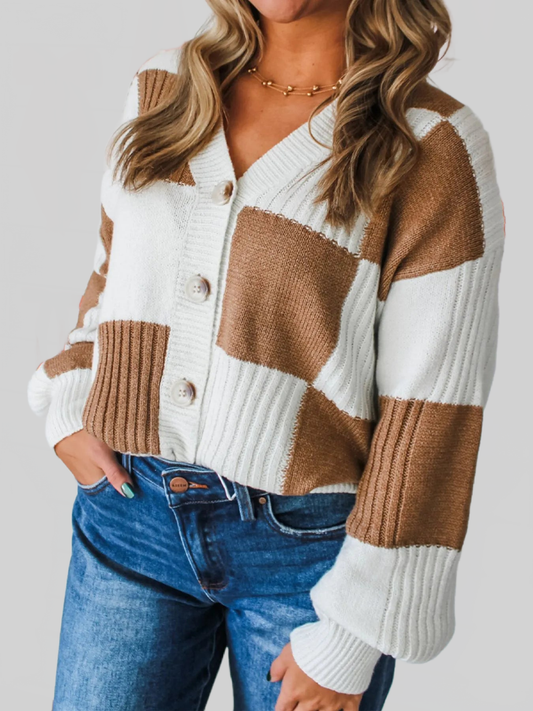 Women Color Block Knit Button-Up Cardigan Sweaters nicholesgifts