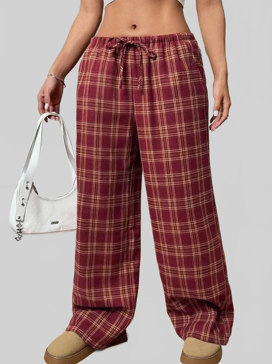Women Plaid Drawstring Wide Leg Pants nicholesgifts