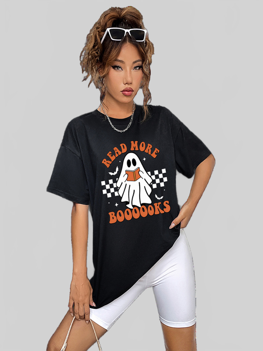 Women Spirit Of Halloween Read More Books Round Neck Short Sleeve Ghost Graphic T-Shirt nicholesgifts