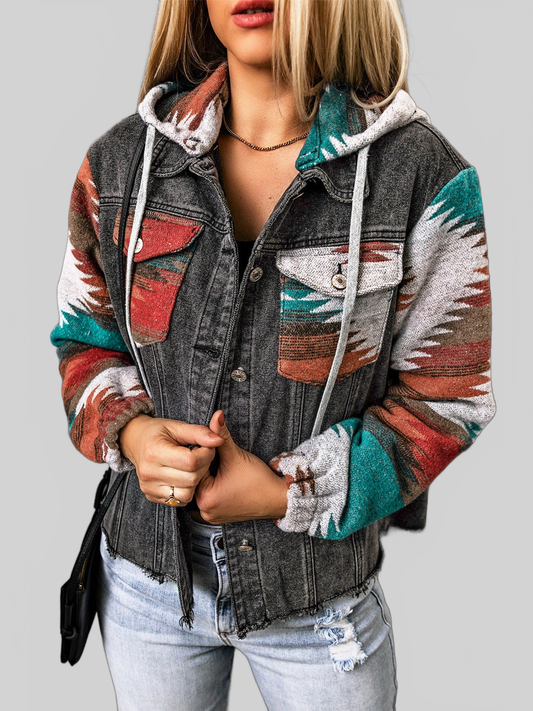 Women Drawstring Hooded Pocketed Denim Jacket NicholesGifts