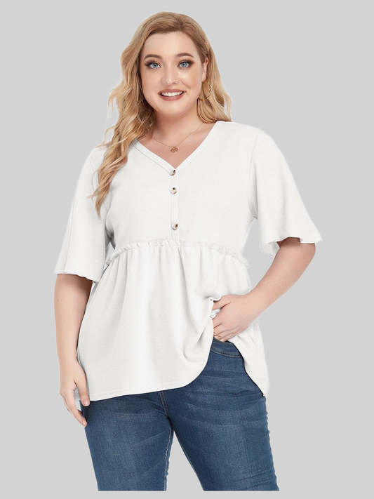 Plus Size Women Buttoned V-Neck Frill Trim Babydoll Blouse NicholesGifts