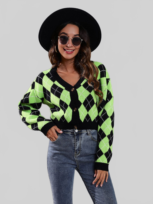 Women Geometric Button Up Long Sleeve Cardigan NicholesGifts