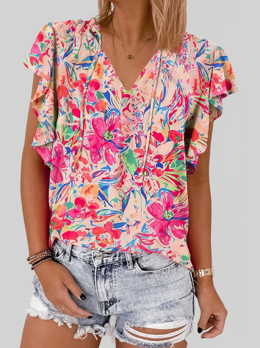 Women Ruffled Printed Tie Neck Cap Sleeve Blouse nicholesgifts