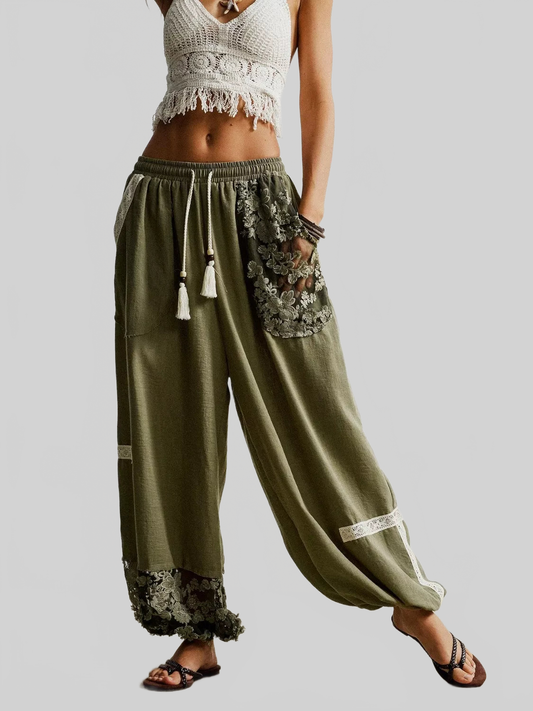Women Lace Detail Drawstring Harem Pants nicholesgifts