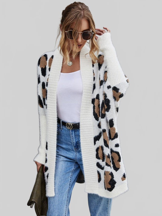 Long white fuzzy cardigan with brown and black leopard spots, open front and long sleeves, featuring Women Leopard Pattern design.