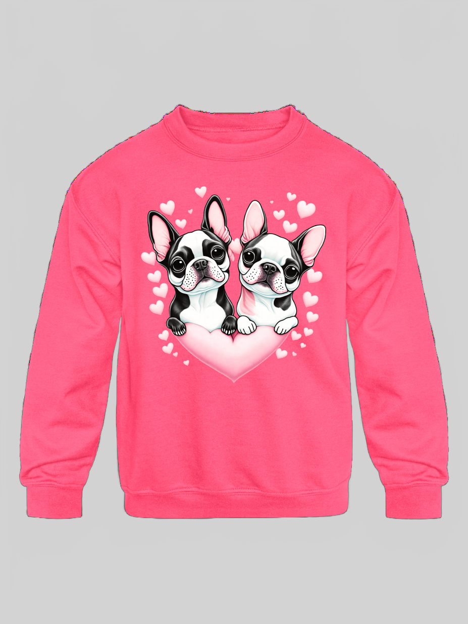 Girls Pug Dogs with Hearts Long Sleeve Crewneck Sweatshirt nicholesgifts