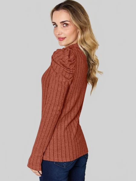 Basic Full Size Ribbed Mock Neck Puff Sleeve T-Shirt nicholesgifts