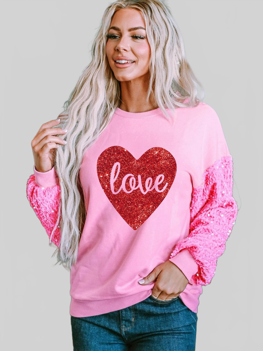 Women Love Heart Sequin Dropped Shoulder Valentines Day Sweatshirt NicholesGifts