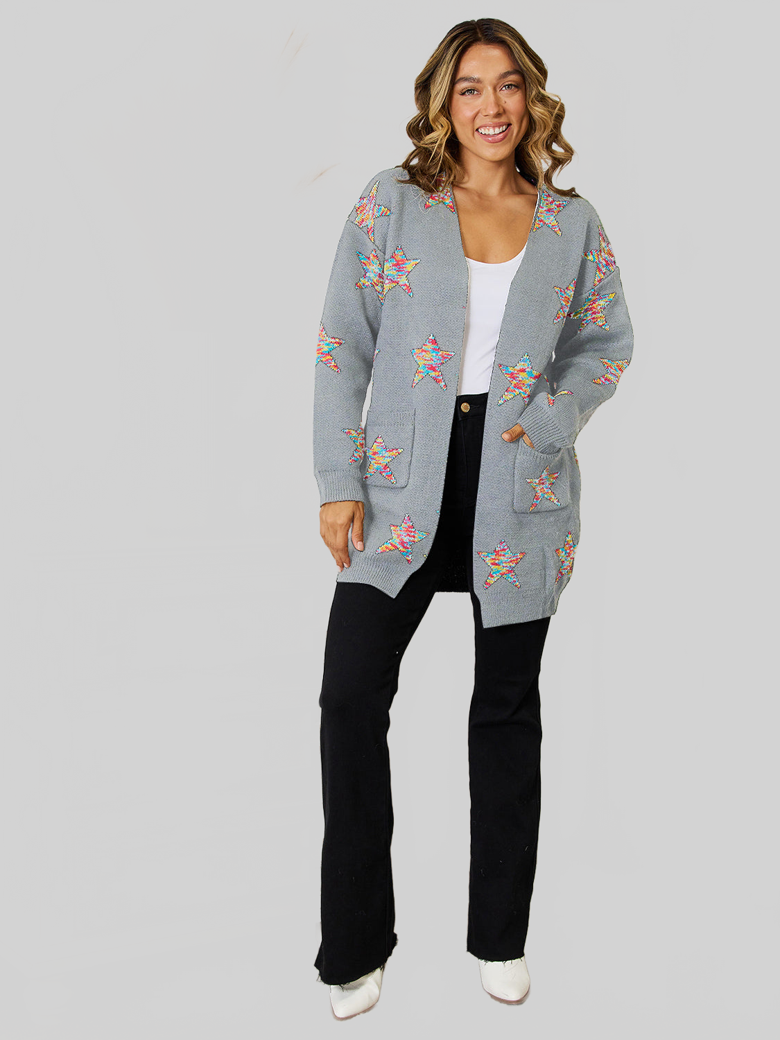 Women Angel Wings Star Pattern Open Front Cardigan with Pockets nicholesgifts