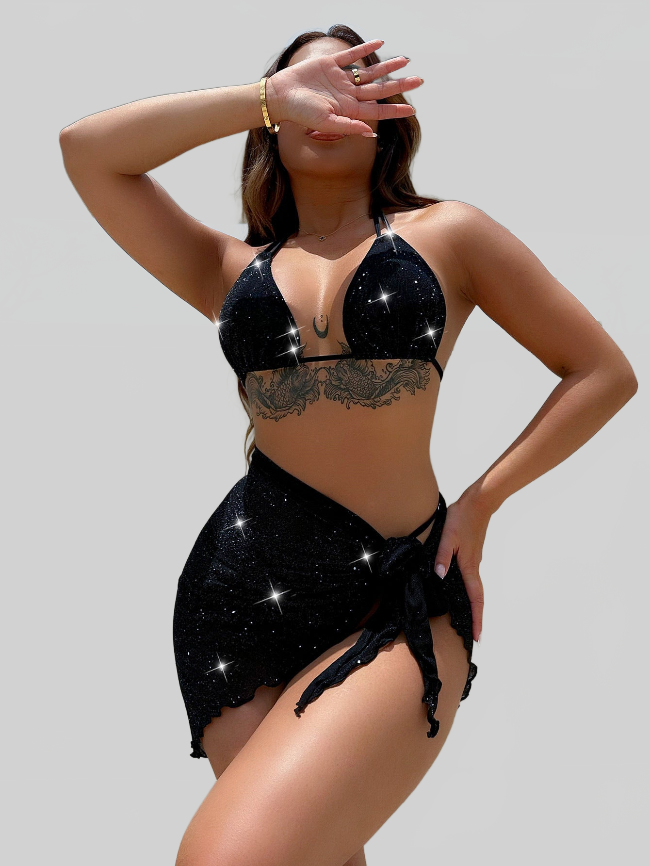 Women Glitter Halter Neck Backless Three-Piece Swim Set nicholesgifts