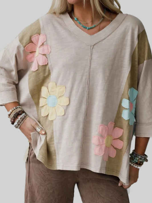 Women Floral Patch Color Block V-Neck T-Shirt NicholesGifts