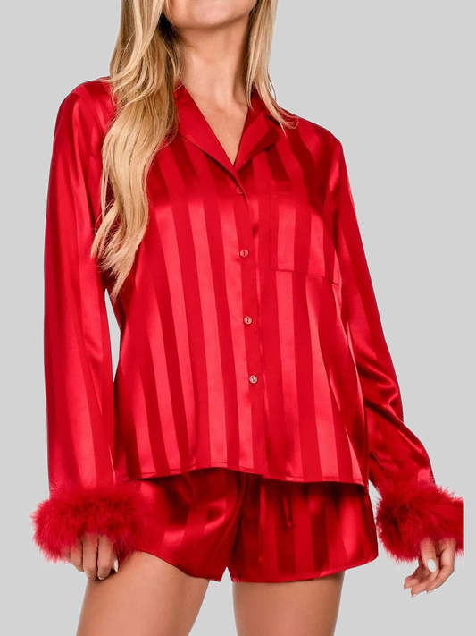 Striped Feather Trim Shirt and Shorts Lounge Set nicholesgifts
