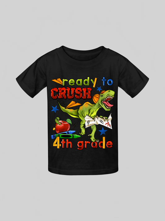 Boys Ready To Crush Fourth Grade short sleeve black cotton t-shirt with colorful dinosaur, apple, and school-themed graphic design.