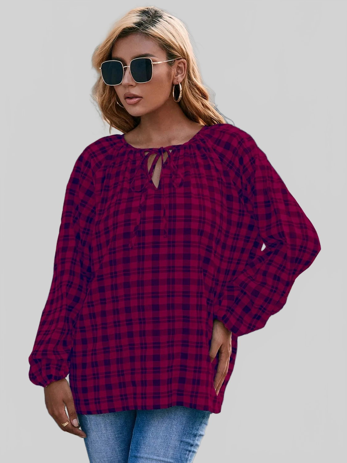 Ivy Lane Plaid Tie Neck Balloon Sleeve Blouse NicholesGifts