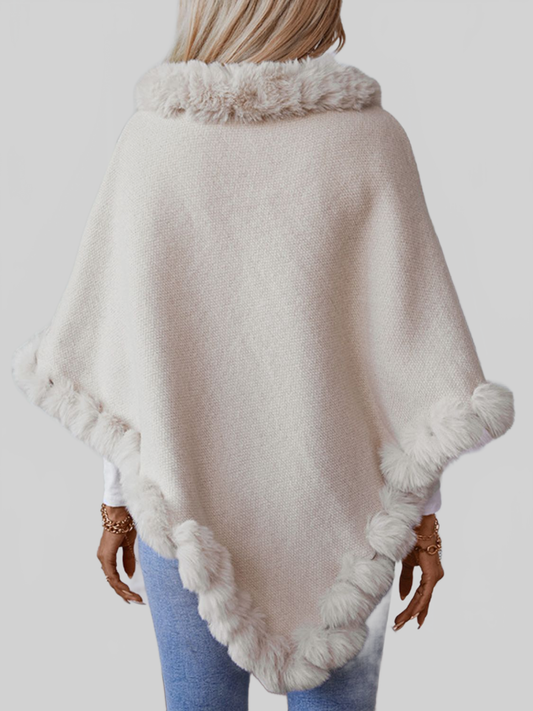 Women Fuzzy Trim Texture Three-Quarter Sleeve Poncho nicholesgifts