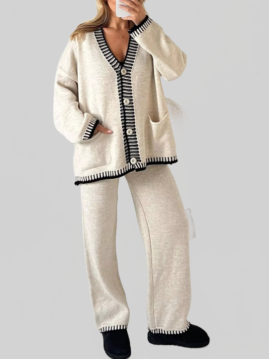 Button Up V-Neck Cardigan and Pants Sweater Set nicholesgifts