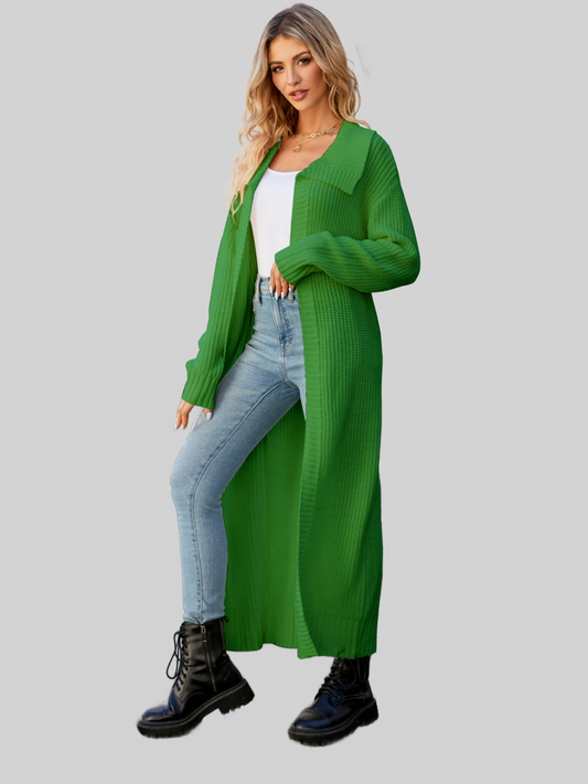 Women Full Size Collared Open Front Duster Cardigan nicholesgifts