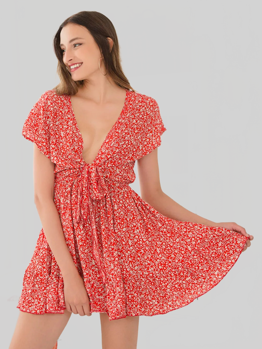Ivy Lane Tied Floral V-Neck Cap Sleeve Dress nicholesgifts
