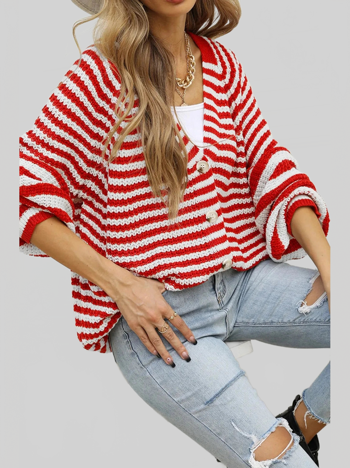 Women Angel Wings Striped Button Up Long Sleeve Cardigan nicholesgifts