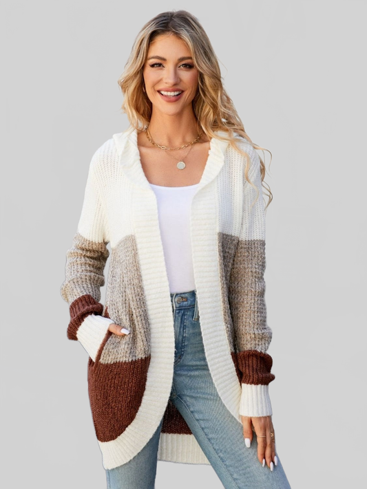 Women Color Block Open Front Hooded Cardigan NicholesGifts