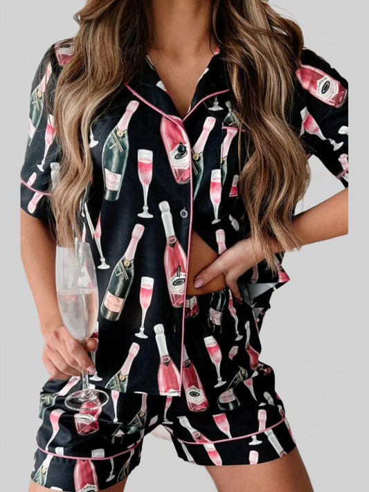 Champagne Print Short Sleeve Top and Shorts Set nicholesgifts