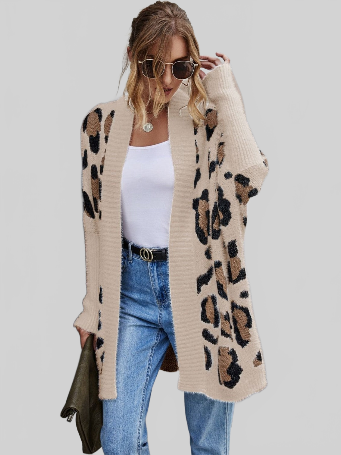 Women Leopard Pattern Fuzzy Cardigan nicholesgifts