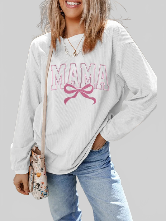 MAMA Bow Round Neck Long Sleeve Sweatshirt nicholesgifts