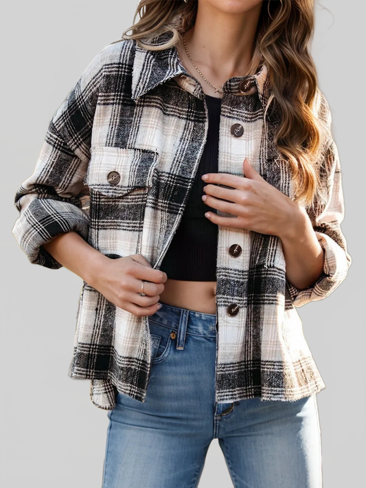 Women Pocketed Plaid Button Down Long Sleeve Shacket NicholesGifts