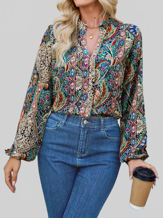 Women Printed Notched Balloon Sleeve Blouse NicholesGifts