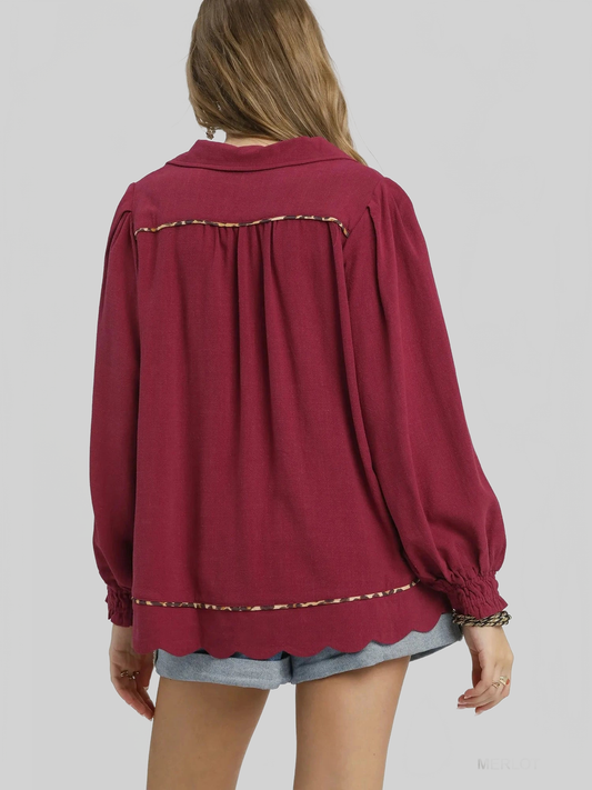 Women Umgee Full Size Linen Scallop Hem Long Sleeve Blouse with Contrast Trim Plus Size NicholesGifts