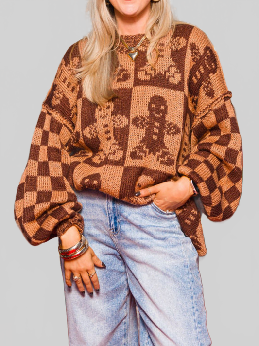 Women Christmas Gingerbread Man Round Neck Drop Shoulder Sweater NicholesGifts