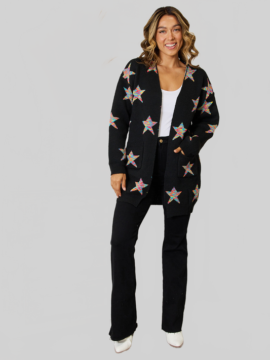Women Angel Wings Star Pattern Open Front Cardigan with Pockets nicholesgifts